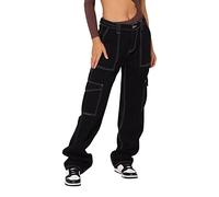 SkotO Pantalon cargo pour femme - Avec coutures blanches - Pantalon de jogging - Nombreuses poches - Salopette taille haute - Pantalon de survêtement baggy - Pantalon de yoga - Jambes larges -