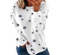 SkotO Sweatshirt Femme Coton Grandes Tailles - T-shirt à manches longues sans capuche imprimé étoiles T-shirt décontracté à manches longues Tops Loose Sportswear Motif Tops Hiver Streetwear, Blanc., M