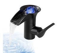 SKOWLL Robinet De Salle De Bains à LED, Robinets De Lavabo à Jet Cascade Noir Mat, Robinet De Lavabo à Poignée Unique à Montage Sur Plan, à Un Trou