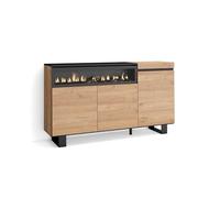 Skraut Home | Buffet Salon et Cuisine | Meuble de Rangement, Commode | 150x87x35cm | 3 Portes | Cheminée électrique | Design Industriel | Style Moderne | Chêne et Noir