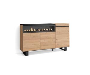 Skraut Home | Buffet Salon et Cuisine | Meuble de Rangement, Commode | 150x87x35cm | 3 Portes | Cheminée électrique | Design Industriel | Style Moderne | Chêne et Noir