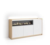 Skraut Home | Buffet Salon et Cuisine | Meuble de Rangement, Commode | 156x80x37 cm | 3 Portes | Cheminée électrique | LED | Style Moderne | Blanc et Chêne Soft