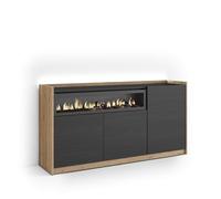 Skraut Home | Buffet Salon et Cuisine | Meuble de Rangement, Commode | 156x80x37 cm | 3 Portes | Cheminée électrique | LED | Style Moderne | Noir et chêne