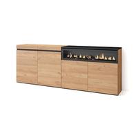Skraut Home | Buffet Salon et Cuisine | Meuble de Rangement, Commode | 200x75x35cm | 4 Portes | Cheminée électrique | Style Moderne | Chêne et Noir