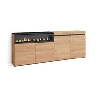 Skraut Home | Buffet Salon et Cuisine | Meuble de Rangement, Commode | 200x75x35cm | 4 Portes | Cheminée électrique | Style Moderne | Chêne et Noir