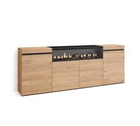 Skraut Home | Buffet Salon et Cuisine | Meuble de Rangement, Commode | 200x75x35cm | 4 Portes | Cheminée électrique | Style Moderne | Chêne et Noir