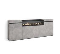 Skraut Home | Buffet Salon et Cuisine | Meuble de Rangement, Commode | 200x75x35cm | 4 Portes | Cheminée électrique | Style Moderne | Ciment