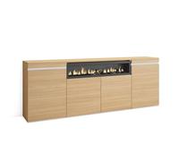 Skraut Home | Buffet Salon et Cuisine | Meuble de Rangement, Commode | 200x75x35cm | 4 Portes | Cheminée électrique | Style Moderne | Chêne Soft et Blanc