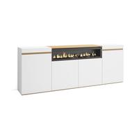 Skraut Home | Buffet Salon et Cuisine | Meuble de Rangement, Commode | 200x75x35cm | 4 Portes | Cheminée électrique | Style Moderne | Blanc et Chêne Soft