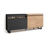 Skraut Home | Buffet Salon et Cuisine | Meuble de Rangement, Commode | 200x87x35cm | 4 Portes | Cheminée électrique | Design Industriel | Style Moderne | Chêne et Noir