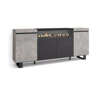Skraut Home | Buffet Salon et Cuisine | Meuble de Rangement, Commode | 200x87x35cm | 4 Portes | Cheminée électrique | Design Industriel | Style Moderne | Ciment