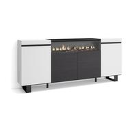 Skraut Home | Buffet Salon et Cuisine | Meuble de Rangement, Commode | 200x87x35cm | 4 Portes | Cheminée électrique | Design Industriel | Style Moderne | Blanc et Noir