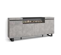 Skraut Home | Buffet Salon et Cuisine | Meuble de Rangement, Commode | 200x87x35cm | 4 Portes | Cheminée électrique | Design Industriel | Style Moderne | Ciment