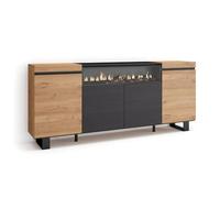 Skraut Home | Buffet Salon et Cuisine | Meuble de Rangement, Commode | 200x87x35cm | 4 Portes | Cheminée électrique | Design Industriel | Style Moderne | Chêne et Noir