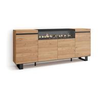 Skraut Home | Buffet Salon et Cuisine | Meuble de Rangement, Commode | 200x87x35cm | 4 Portes | Cheminée électrique | Design Industriel | Style Moderne | Chêne et Noir