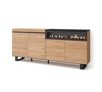 Skraut Home | Buffet Salon et Cuisine | Meuble de Rangement, Commode | 200x87x35cm | 4 Portes | Cheminée électrique | Design Industriel | Style Moderne | Chêne et Noir