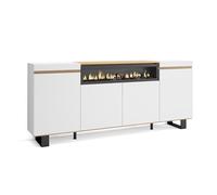 Skraut Home | Buffet Salon et Cuisine | Meuble de Rangement, Commode | 200x87x35cm | 4 Portes | Cheminée électrique | Design Industriel | Style Moderne | Blanc et Chêne Soft