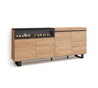 Skraut Home | Buffet Salon et Cuisine | Meuble de Rangement, Commode | 200x87x35cm | 4 Portes | Cheminée électrique | Design Industriel | Style Moderne | Chêne et Noir