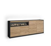 Skraut Home | Buffet Salon et Cuisine | Meuble de Rangement, Commode | 207x80x37 cm | 4 Portes | Cheminée électrique | LED | Style Moderne | Chêne et Noir