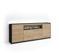Skraut Home | Buffet Salon et Cuisine | Meuble de Rangement, Commode | 207x80x37 cm | 4 Portes | Cheminée électrique | LED | Style Moderne | Chêne et Noir