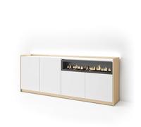 Skraut Home | Buffet Salon et Cuisine | Meuble de Rangement, Commode | 207x80x37 cm | 4 Portes | Cheminée électrique | LED | Style Moderne | Blanc et Chêne Soft