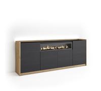 Skraut Home | Buffet Salon et Cuisine | Meuble de Rangement, Commode | 207x80x37 cm | 4 Portes | Cheminée électrique | LED | Style Moderne | Noir et chêne