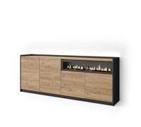 Skraut Home | Buffet Salon et Cuisine | Meuble de Rangement, Commode | 207x80x37 cm | 4 Portes | Cheminée électrique | LED | Style Moderne | Chêne et Noir