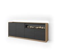 Skraut Home | Buffet Salon et Cuisine | Meuble de Rangement, Commode | 207x80x37 cm | 4 Portes | Cheminée électrique | LED | Style Moderne | Noir et chêne