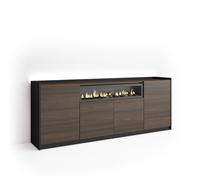 Skraut Home | Buffet Salon et Cuisine | Meuble de Rangement, Commode | 207x80x37 cm | 4 Portes | Cheminée électrique | LED | Style Moderne | Chêne foncé et Noir