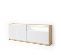 Skraut Home | Buffet Salon et Cuisine | Meuble de Rangement, Commode | 207x80x37 cm | 4 Portes | LED | Style Moderne | Blanc et Chêne Soft