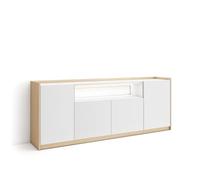 Skraut Home | Buffet Salon et Cuisine | Meuble de Rangement, Commode | 207x80x37 cm | 4 Portes | LED | Style Moderne | Blanc et Chêne Soft