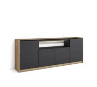 Skraut Home | Buffet Salon et Cuisine | Meuble de Rangement, Commode | 207x80x37 cm | 4 Portes | LED | Style Moderne | Noir et chêne