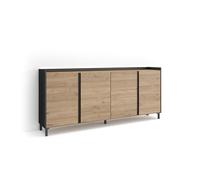 Skraut Home | Buffet Salon et Cuisine | Meuble de Rangement, Commode | 207x91x35 cm | 4 Portes | Design Industriel | LED | Style Moderne | Chêne et Noir
