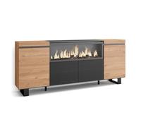 Skraut Home | Buffet Salon et Cuisine | Meuble de Rangement, Commode | 210 | 4 Portes | Cheminée électrique XXL | Design Industriel | Style Moderne | Chêne et Noir