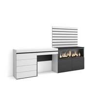 Skraut Home | Coiffeuse | Table Maquillage, Rangement | 234x145x35 cm | avec tiroir | Cheminée électrique XXL | Commode, Buffet | Panneaux Muraux en Bois | Style Moderne | Blanc