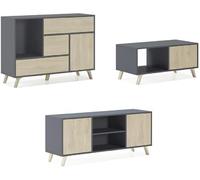 Skraut Home | Ensemble Buffet + Meuble TV + Table Basse pour Salon | Modèle Wind | Ensemble Salle à Manger | Structure Résistante | Montage Facile | Finition Gris/Puccini