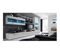 Skraut Home | Ensemble de Meubles Salon | unité Murale | Meuble Bas TV | Salle à Manger | Ensemble de séjour Contemporain avec ilumination LED | Blanc Mate et Blanc Laqué | 250x194x42 cm.