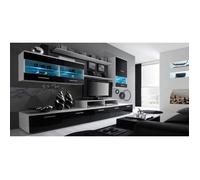 Skraut Home - Ensemble de meubles de salon-séjour avec ilumination LED, Blanc Mat/Noir Laqué. 250x194x42cm