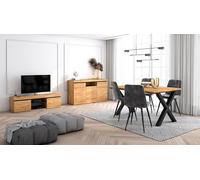 Skraut Home - Ensemble de Meubles de Salon | Table 140 Pieds X 6 convives | Meuble TV 140 | Crédence/Buffet 140 | Chêne et Noir | Style Industriel