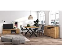 Skraut Home - Ensemble de Meubles de Salon | Table 140 Pieds X 6 convives | Meuble TV 160 | Crédence/Buffet 140 | Chêne et Noir | Style Industriel