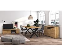 Skraut Home - Ensemble de Meubles de Salon | Table 200 Pieds X 10 convives | Meuble TV 160 | Crédence/Buffet 140 | Chêne et Noir | Style Industriel