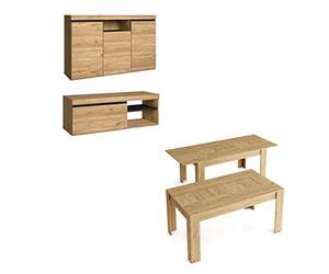 Skraut Home | Ensemble de Meubles modèle Naturale |Table Extensible 140x90x76, Buffet 140x40x80, Meuble TV 120x40x41 | Finition Mélamine Couleur Chêne/Noir