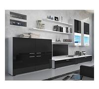 Skraut Home | Ensemble de Meubles Salon TV | unité Murale | Salle à Manger | Ensemble de séjour | ilumination LED | Couleur Noir laqué et Blanc Mate | 300x189x42cm