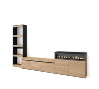 Skraut Home | Ensemble Meuble TV | Meuble Salon Complet | 310x186x35cm | pour Les TV jusqu'à 65" | Cheminée électrique | Style Moderne | Chêne et Noir
