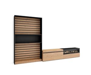 Skraut Home | Ensemble Meuble TV | Meuble Salon Complet | 310x186x35cm | pour Les TV jusqu'à 80" | Cheminée électrique | Style Moderne | Chêne et Noir