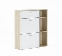 Skraut Home | Meuble À Chaussures | 102 x 90 x 26 cm | Capacité pour 12 Paires De Chaussures | 2 Portes Battantes + 1 Tiroir | Modèle De Vent | Finition Chêne/Blanc