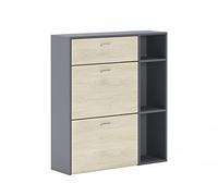 Skraut Home | Meuble À Chaussures | 102 x 90 x 26 cm | Capacité Pour 12 Paires De Chaussures | 2 Portes Battantes + 1 Tiroir | Modèle De Vent | Fini Gris/Chêne