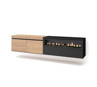 Skraut Home | Meuble TV | Banc Télé | Grand Espace de Rangement | 200x45x35cm | pour Les TV jusqu'à 80" | Cheminée électrique | Suspendu, Mural | Style Moderne | Chêne et Noir