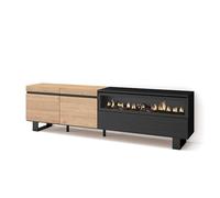 Skraut Home | Meuble TV | Banc Télé | Grand espace de Rangement | 200x57x35cm | Pour les TV jusqu'à 80" | Cheminée électrique | Design industriel | Style moderne | Chêne et noir