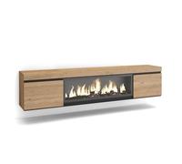 Skraut Home | Meuble TV | Banc Télé | Grand Espace de Rangement | 210 | pour Les TV jusqu'à 80" | Cheminée électrique XXL | Suspendu, Mural | Style Moderne | Chêne